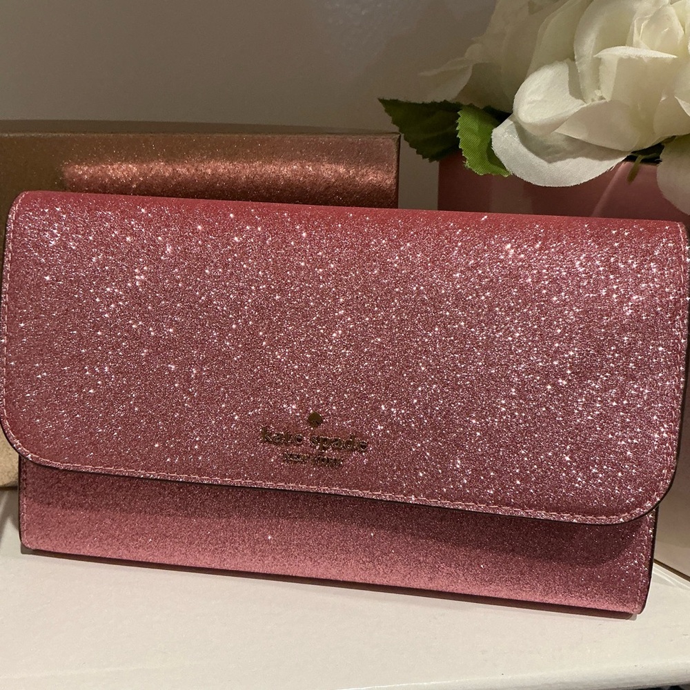 NWT Kate Spade Glimmer Flap Phone Wristlet Wallet Mitten Pink Glitter